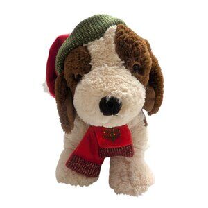 Walmart Christmas Stuffed brown & white dog w/ hat & scarf bean feet 12 in